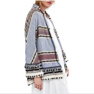 Zara women Striped Fringes Kimono Coat Jacket Pom Pom Open Front S